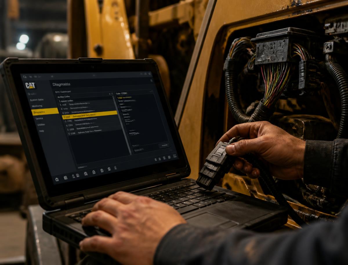 Technician running electrical diagnostics on heavy equipment